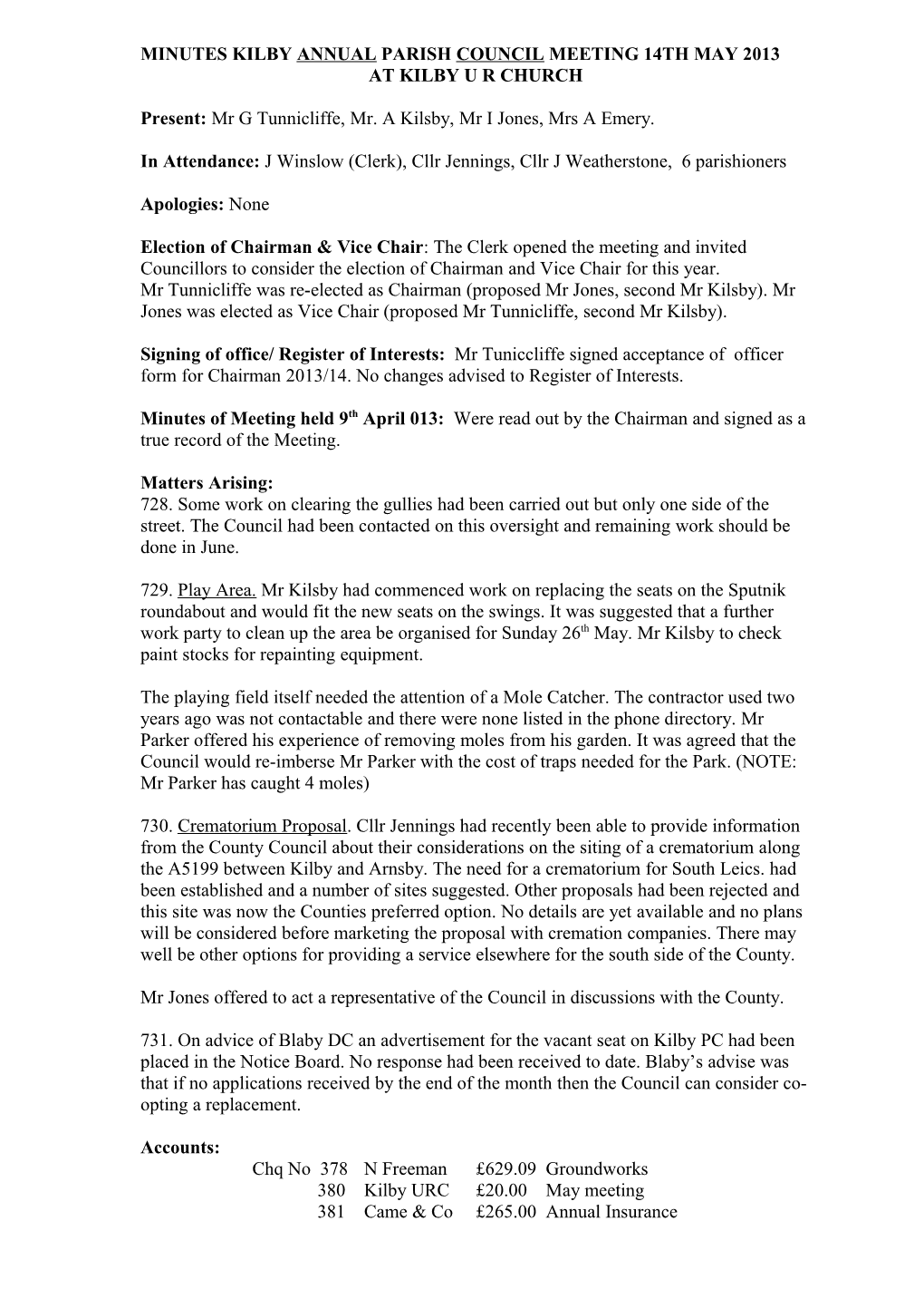 Minutes Kilby Annual Parish Council Meeting Tues 13Th May 2003