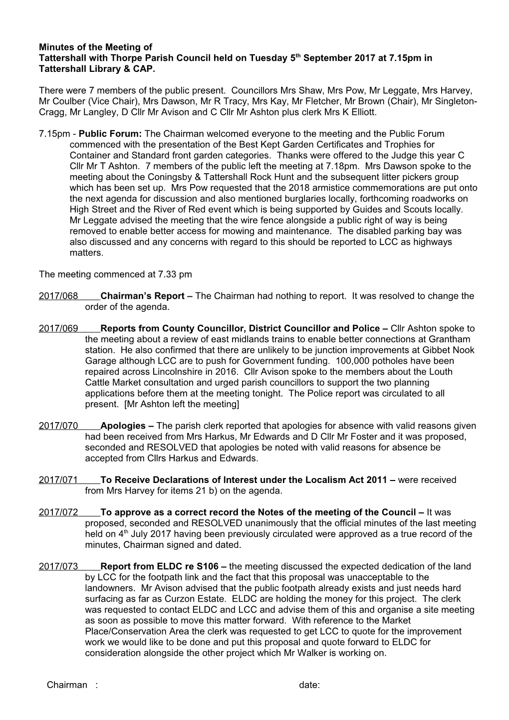 Minutes of the Meeting Held of Tattershall with Thorpe Parish Council Held on 6Th October