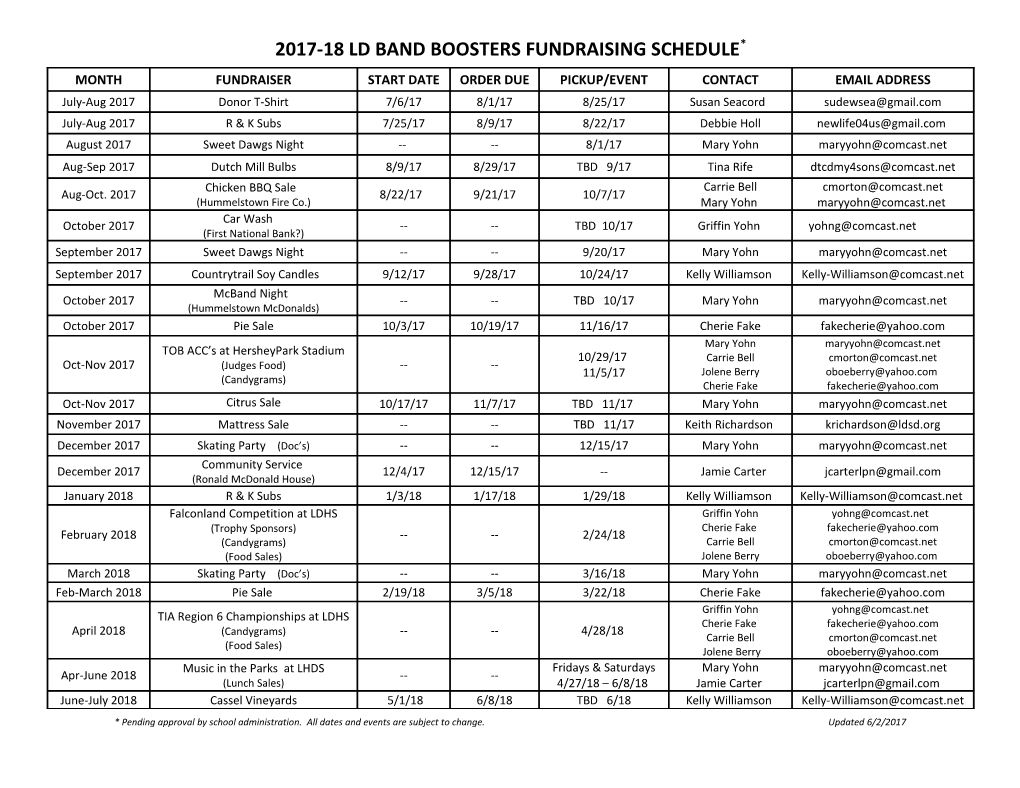 2012-13 Ld Band Boosters Fundraising Schedule