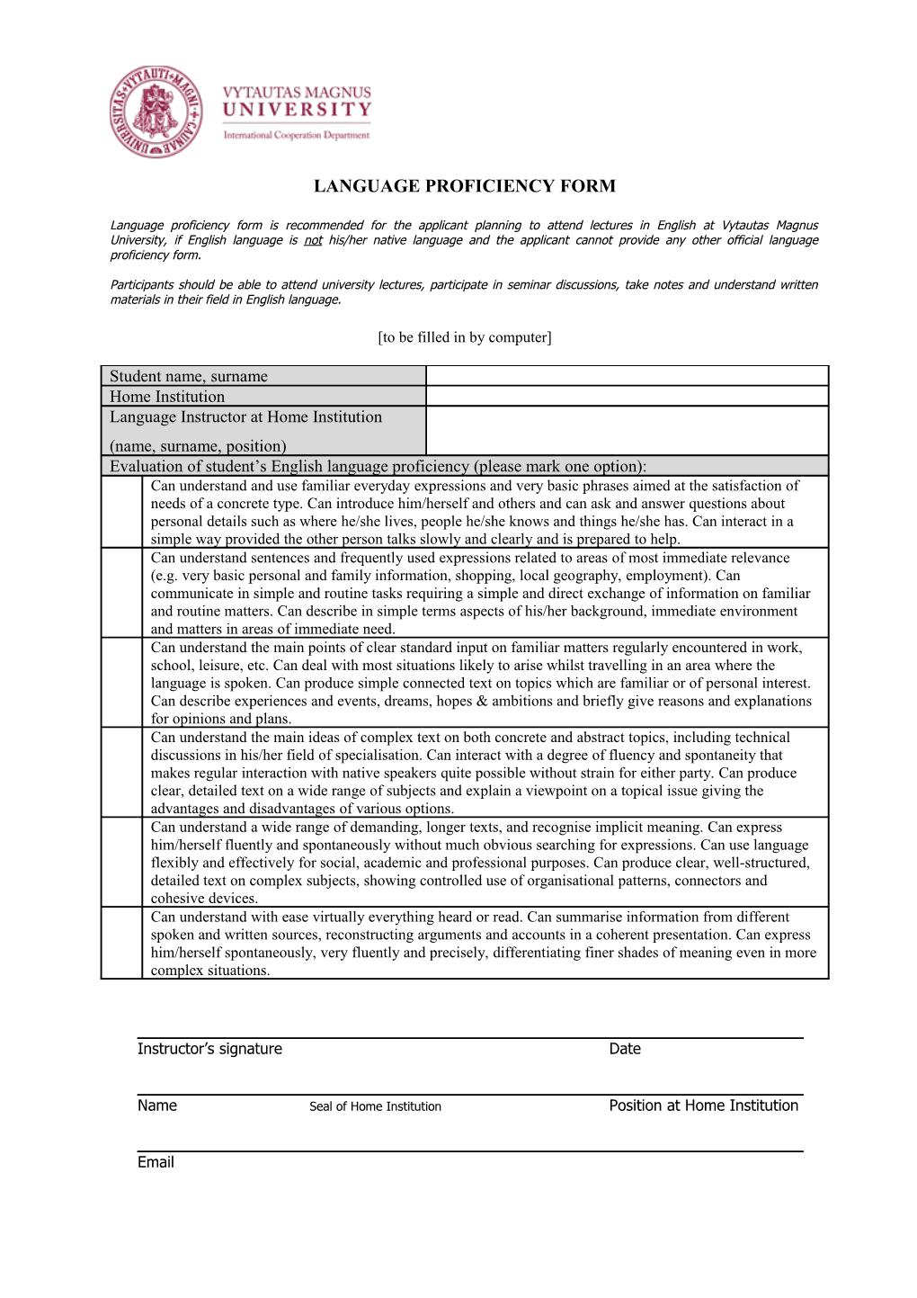 Language Proficiency Form