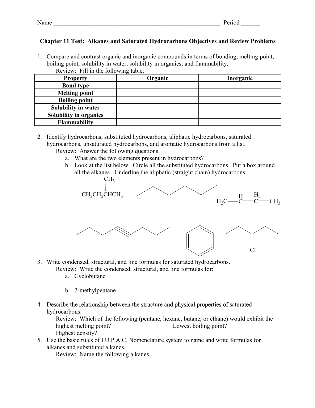 Chapter 11 Test: Alkanes and Saturated Hydrocarbons