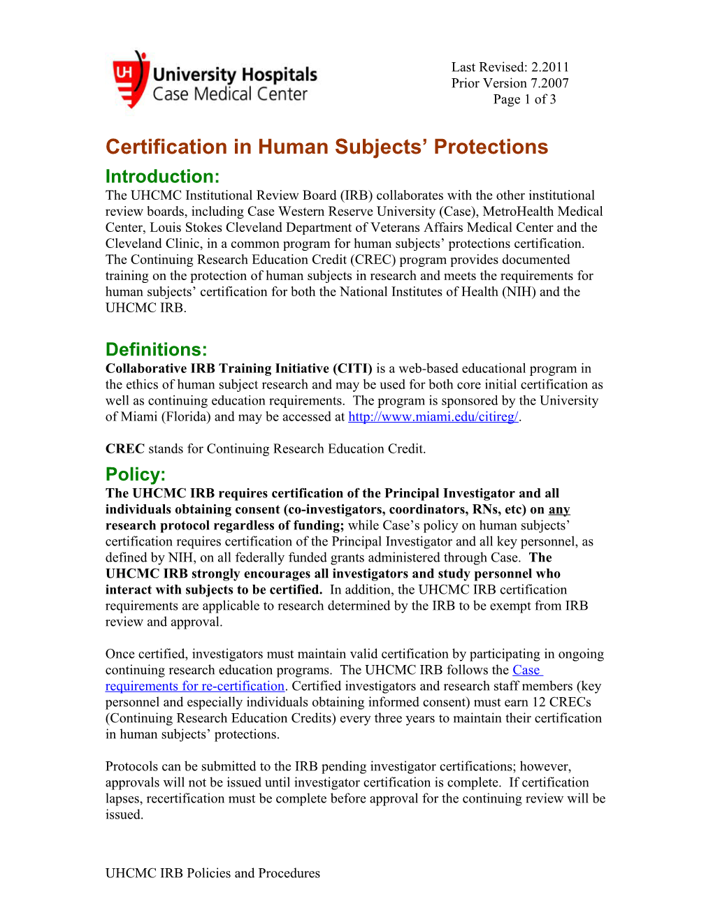 Certification in Human Subjects Protections