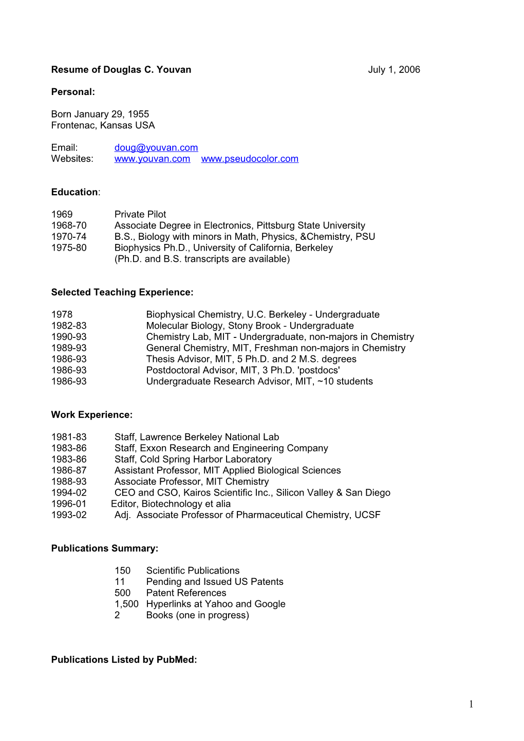 Resume of Douglas C. Youvan