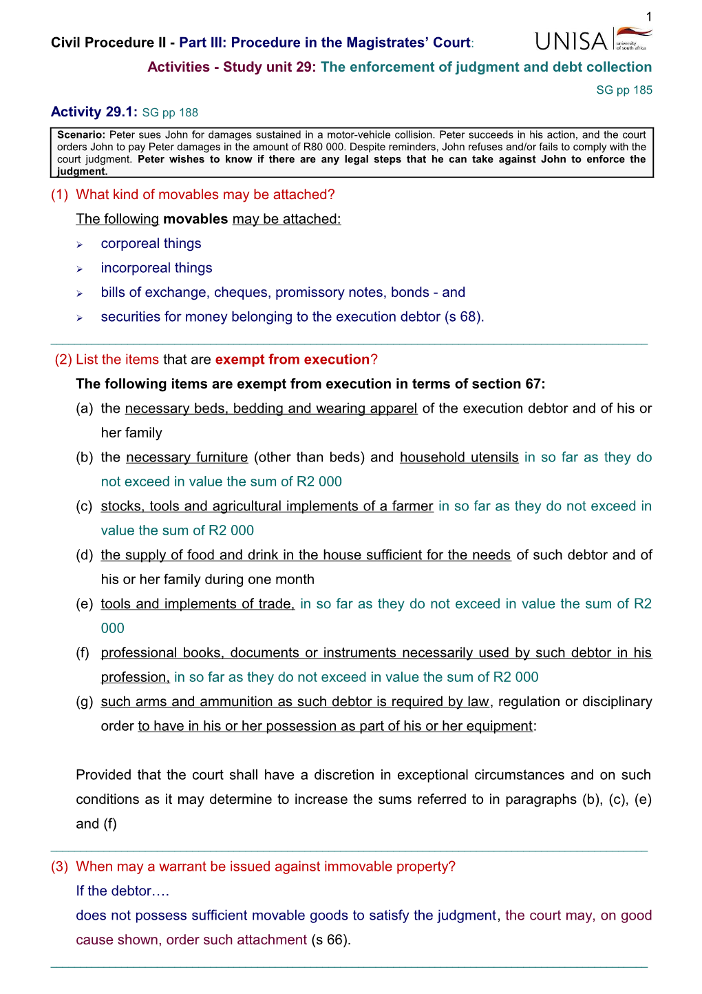 Activities - Study Unit 29:The Enforcement of Judgment and Debt Collection