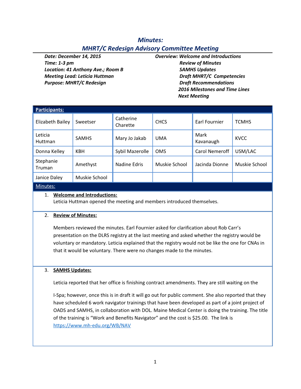 MHRT/C Redesign Advisory Committee Meeting