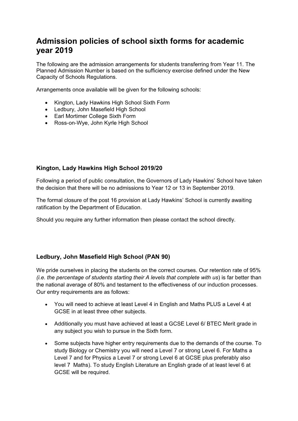 Admission Policies of School Sixth Forms