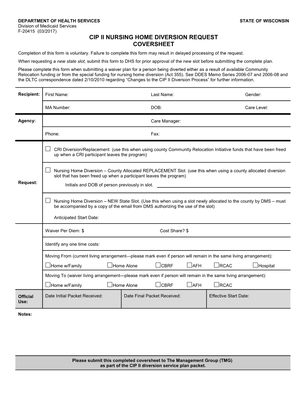 CIP II Nursing Home Diversion Request Coversheet