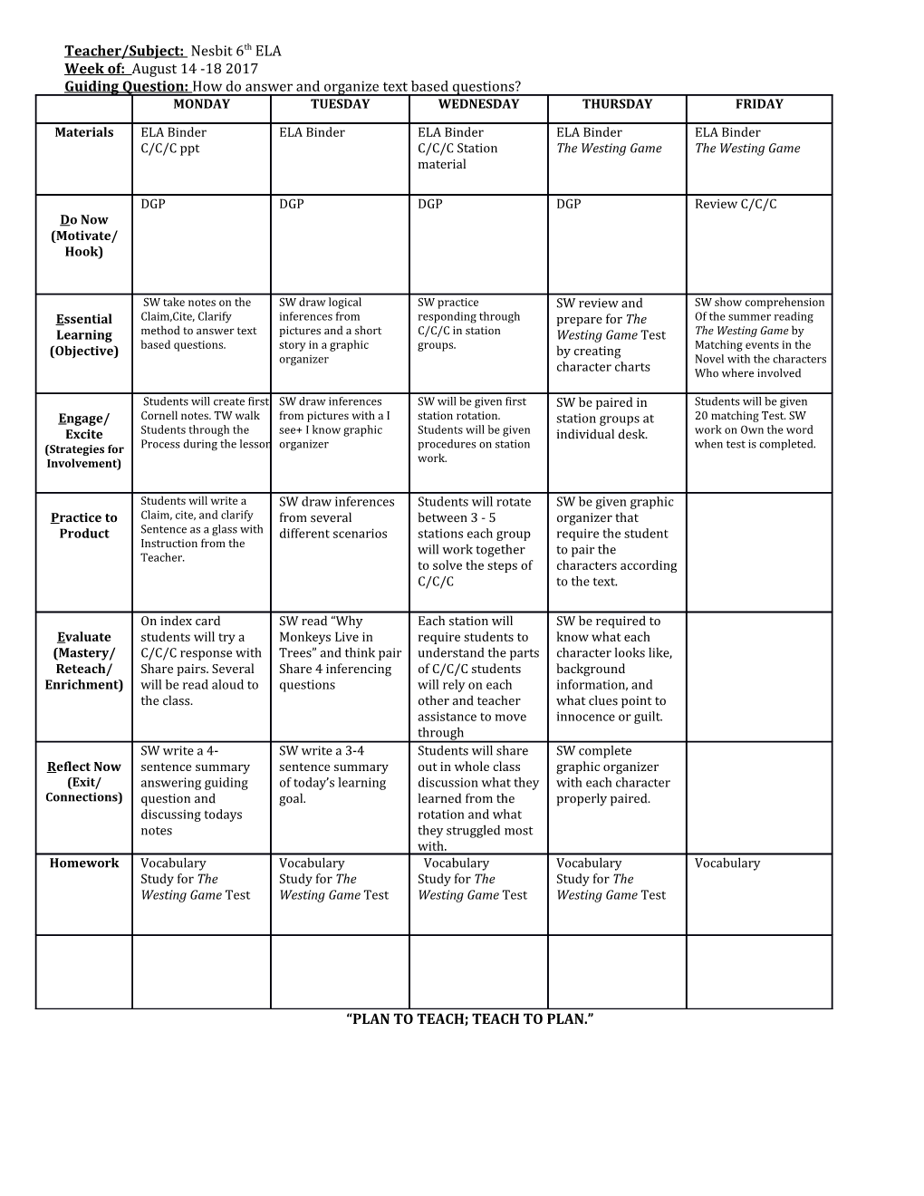 Teacher/Subject: Nesbit 6Th ELA