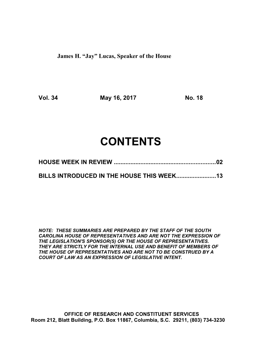 Legislative Update - Vol. 34 No. 18 May 16, 2017 - South Carolina Legislature Online