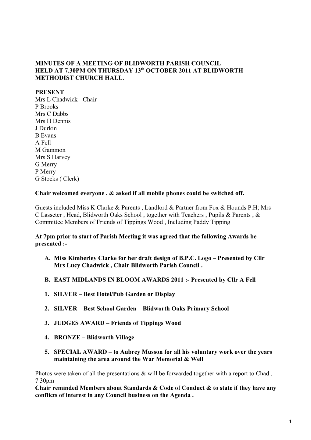 Minutes of a Meeting of Blidworth Parish Council s1