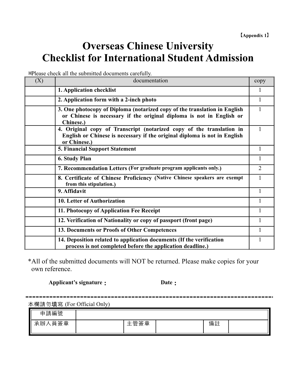 Checklist for International Student Admission