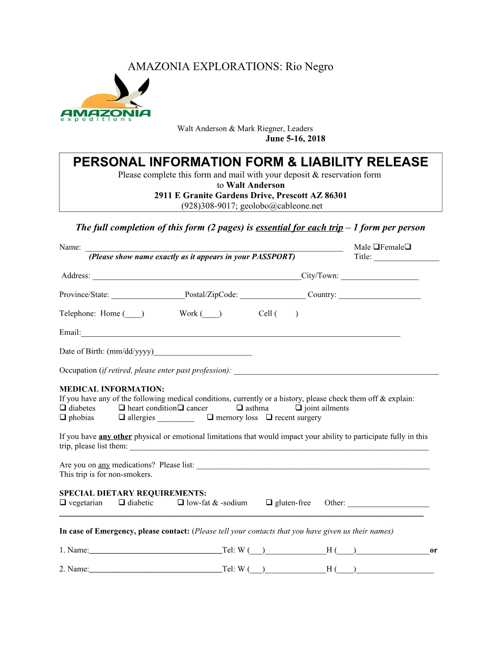 Personal Information Form & Liability Release