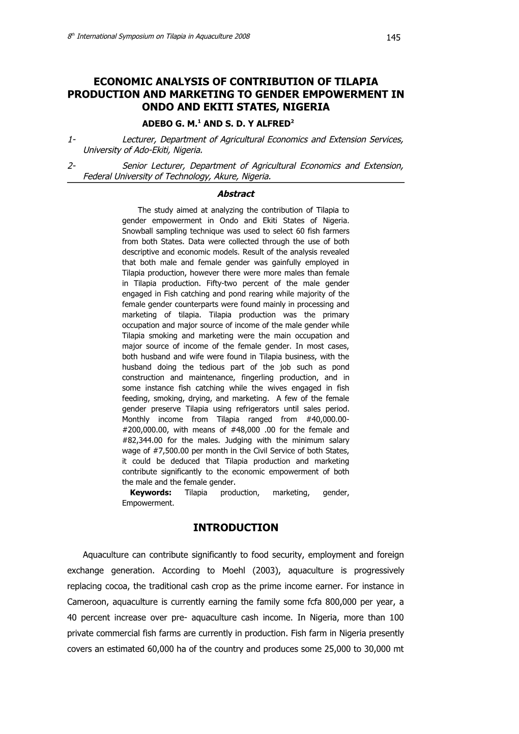 Economic Analysis of Contribution of Tilapia Production and Marketing to Gender Empowerment