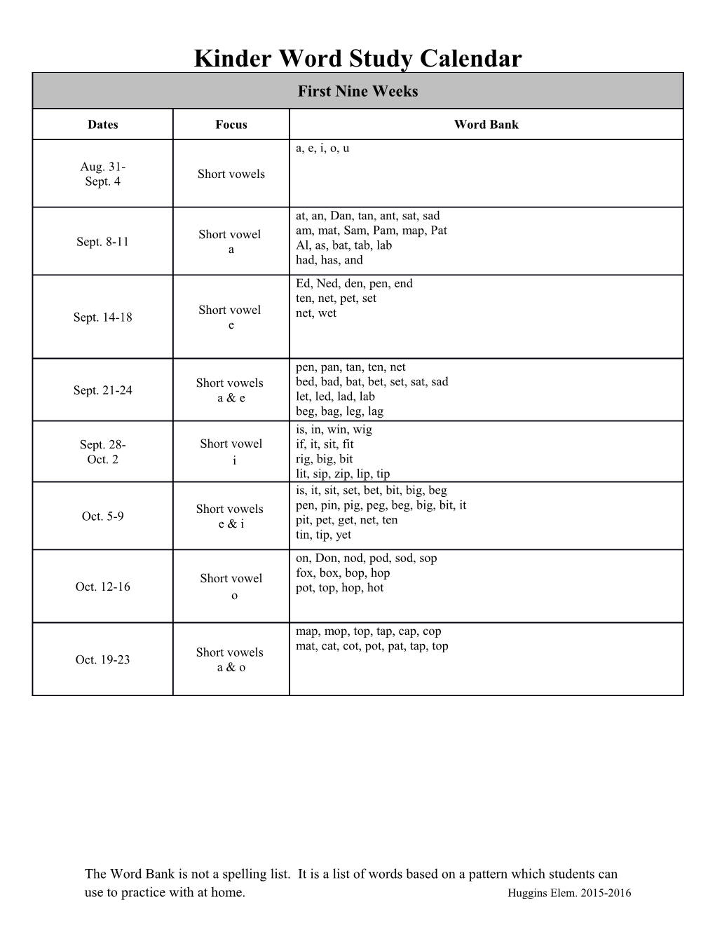 Kinder Word Study Calendar