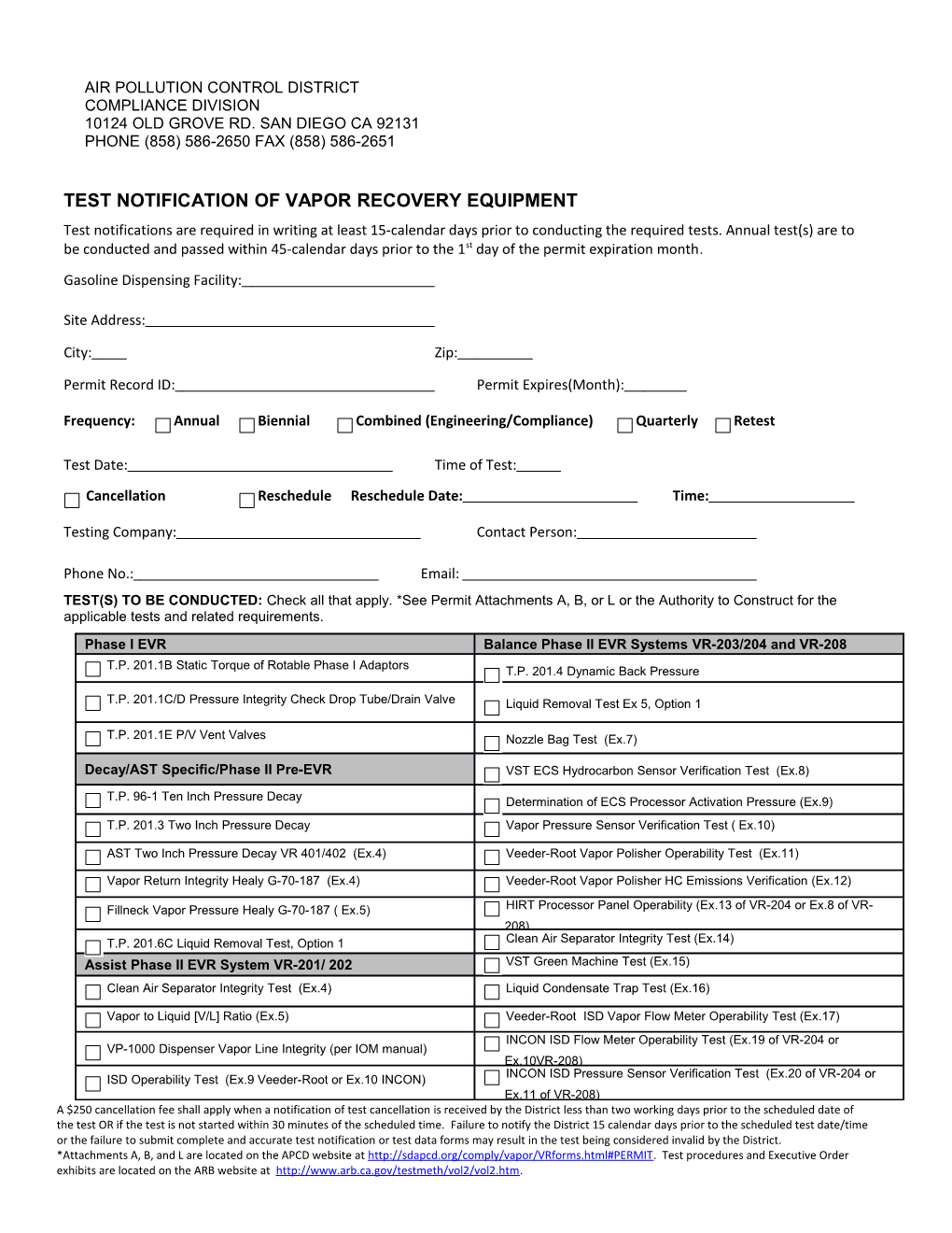 Test Notification of Vapor Recovery Equipment