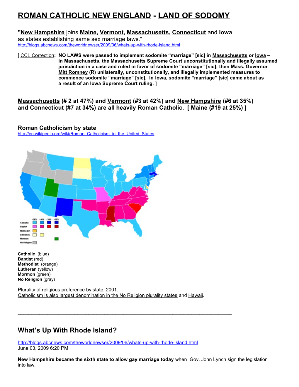 Roman Catholic New England - Land of Sodomy