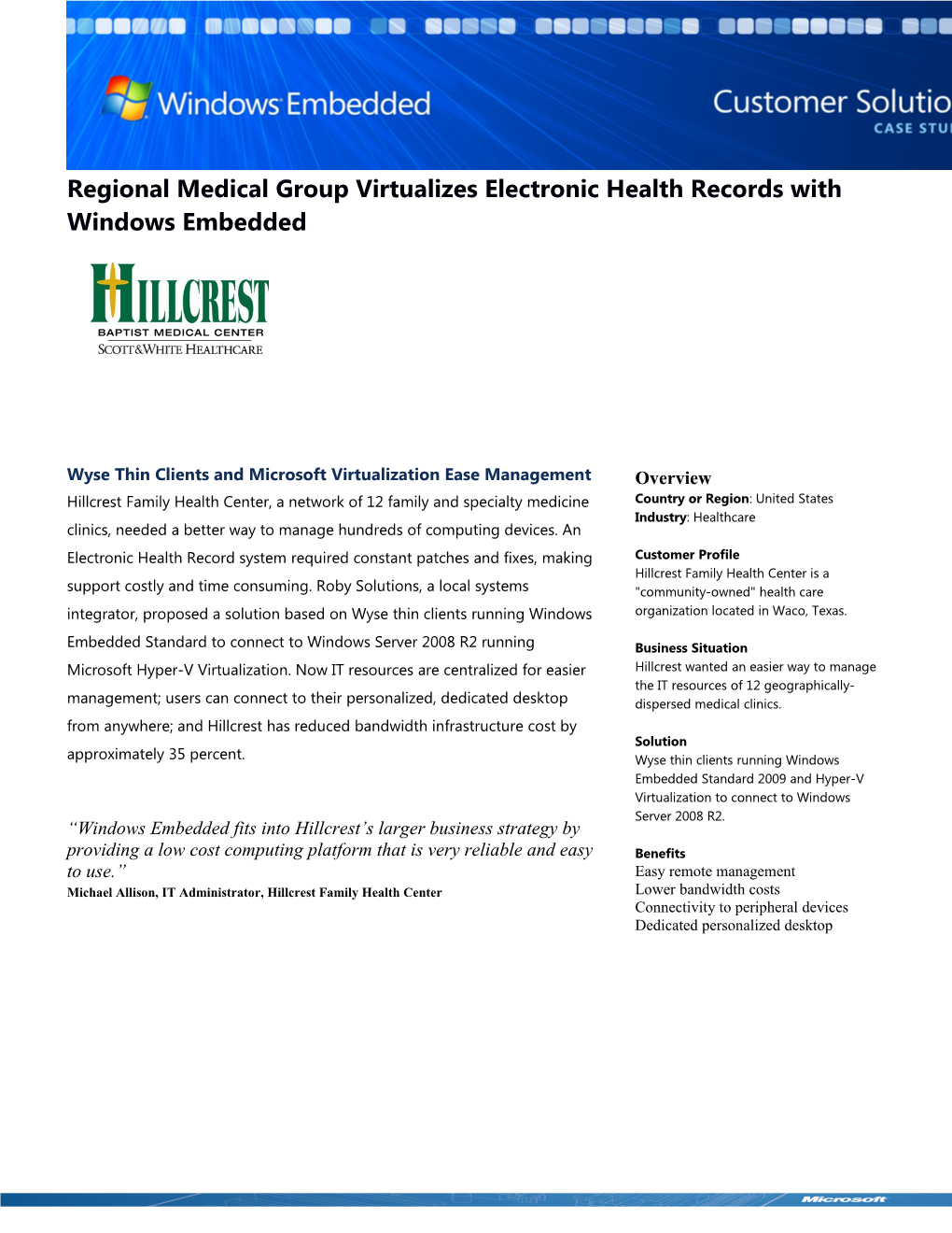 Metia Windows Embedded Regional Medical Group Virtualizes Electronic Health Records With