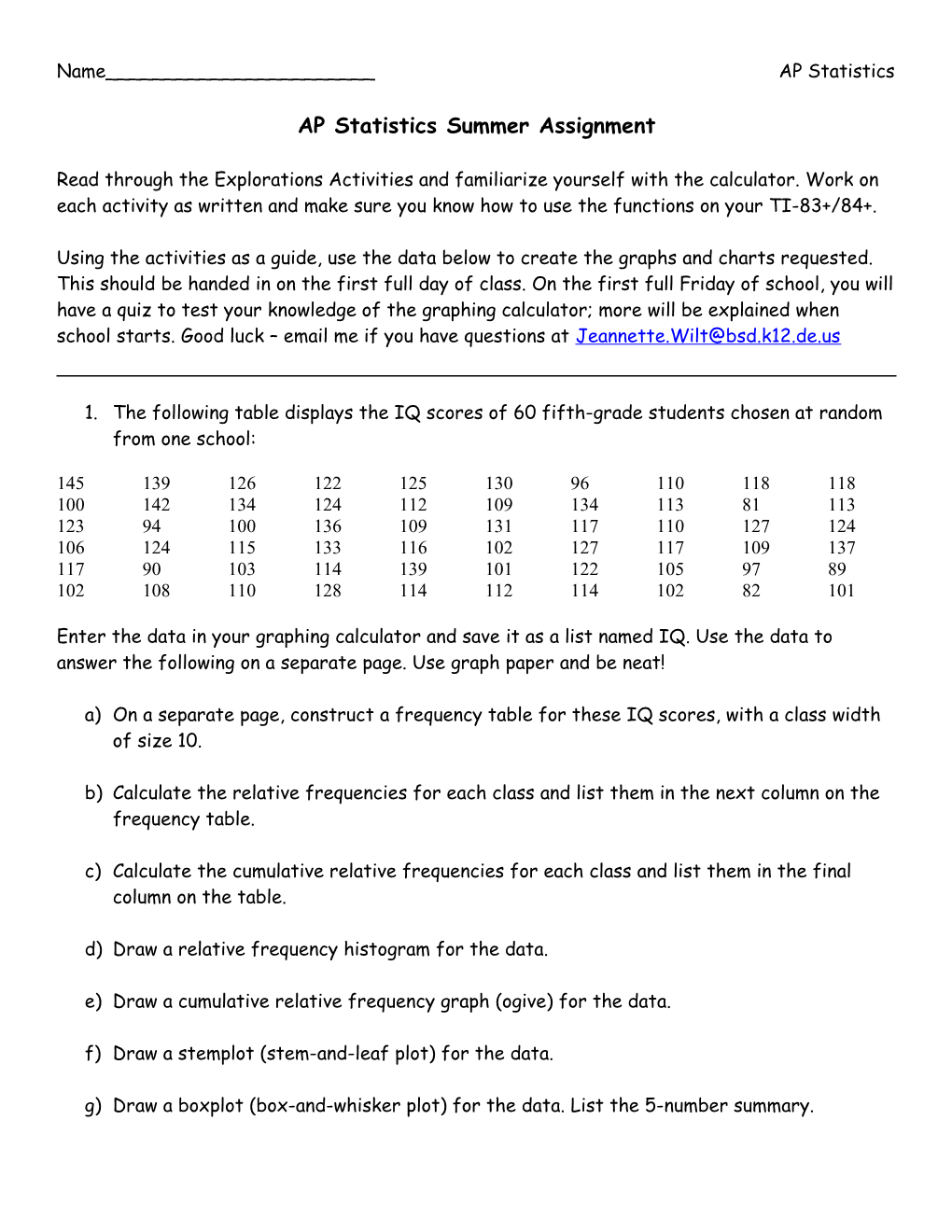 AP Statistics Assignment, Due at Our First Class