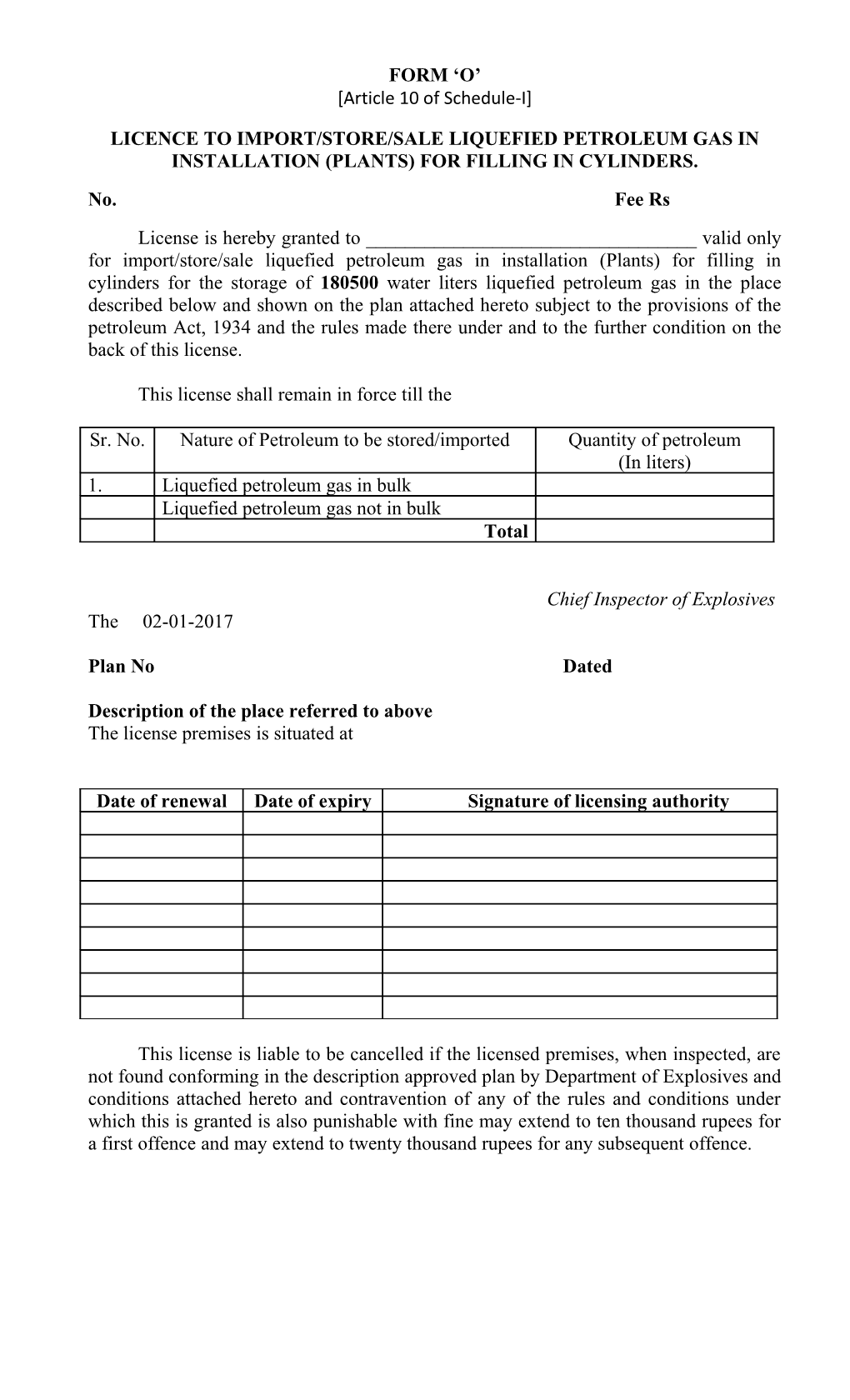 Licence to Import/Store/Sale Liquefied Petroleum Gas in Installation (Plants) for Filling