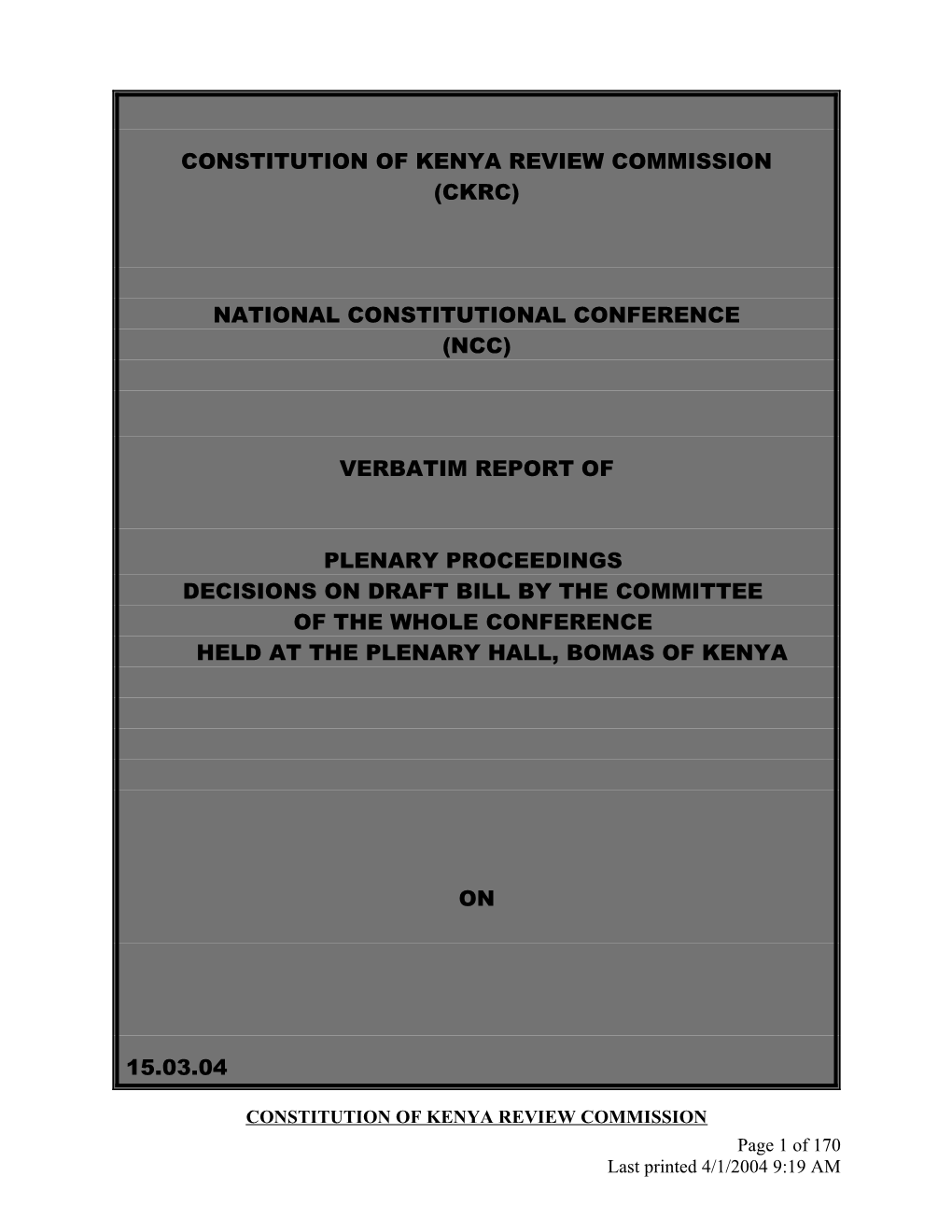 Ckrc Ncc Plenary Proceedings of 9