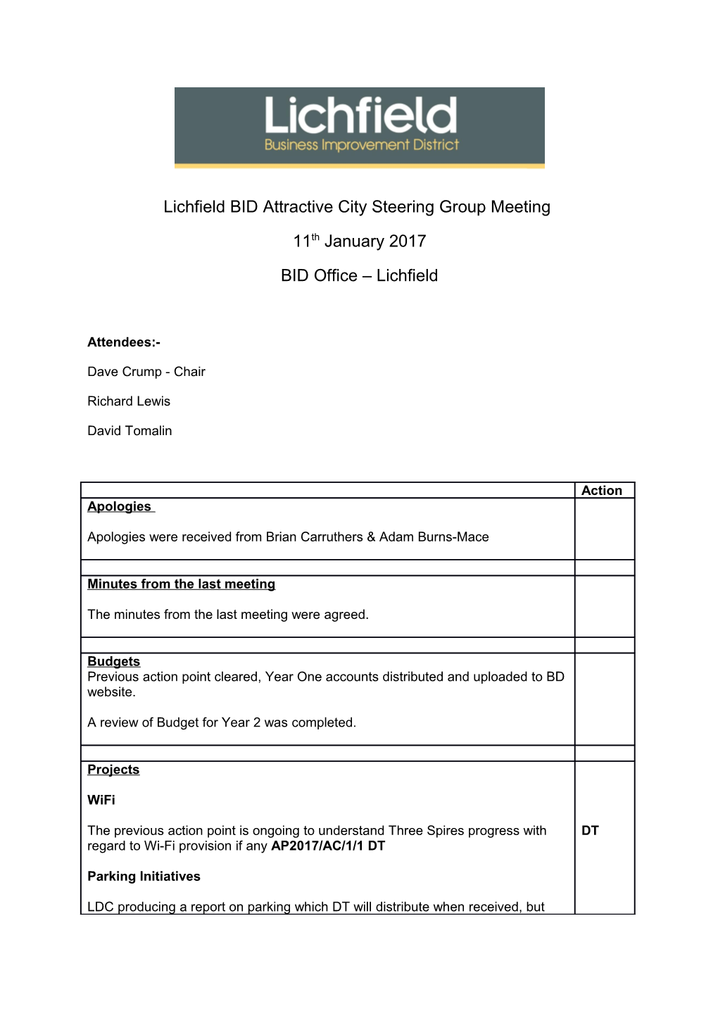 Lichfield BID Attractive City Steering Group Meeting