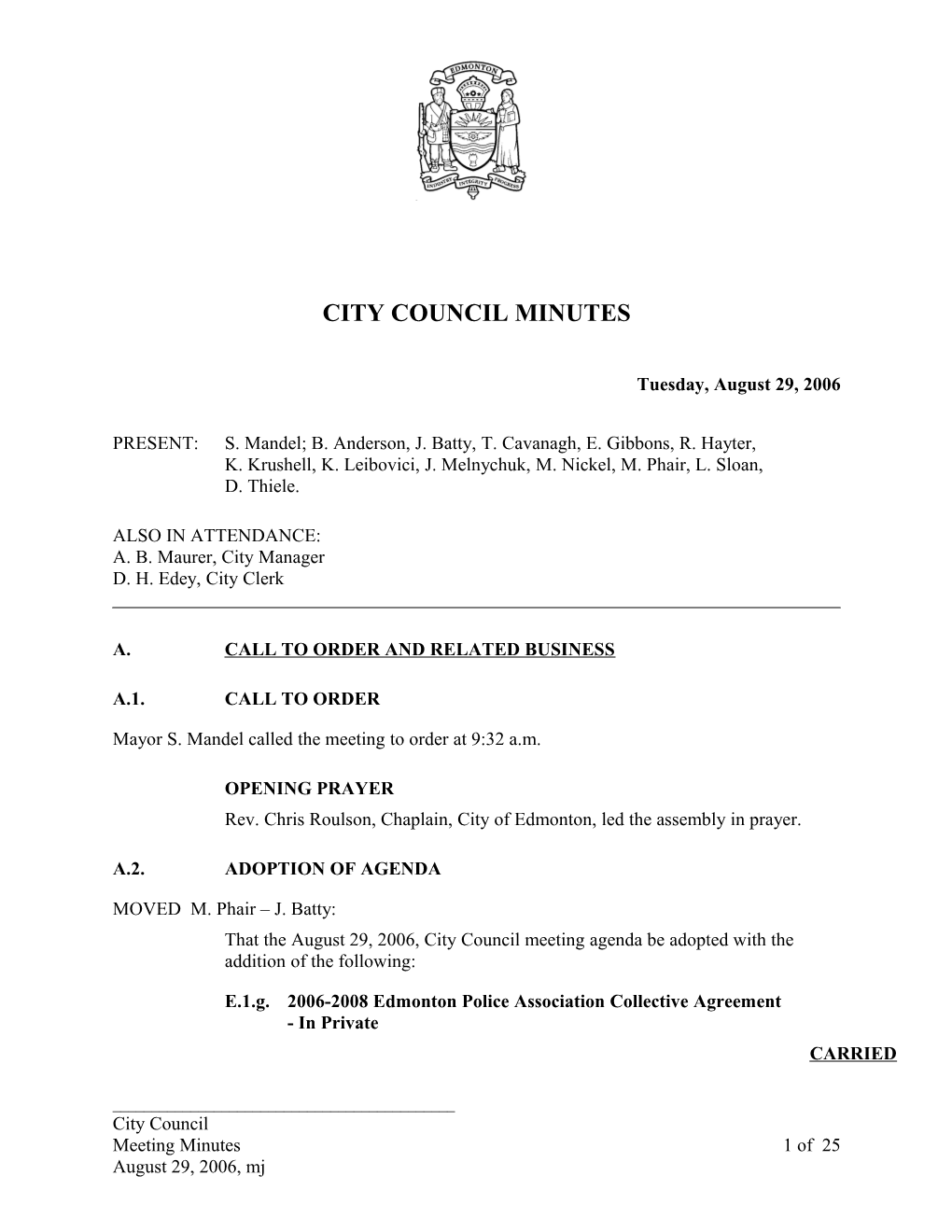 Minutes for City Council August 29, 2006 Meeting