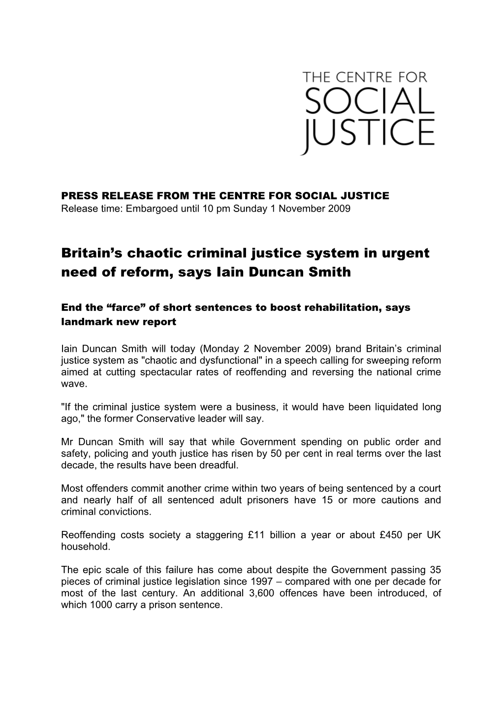 Press Release from the Centre for Social Justice