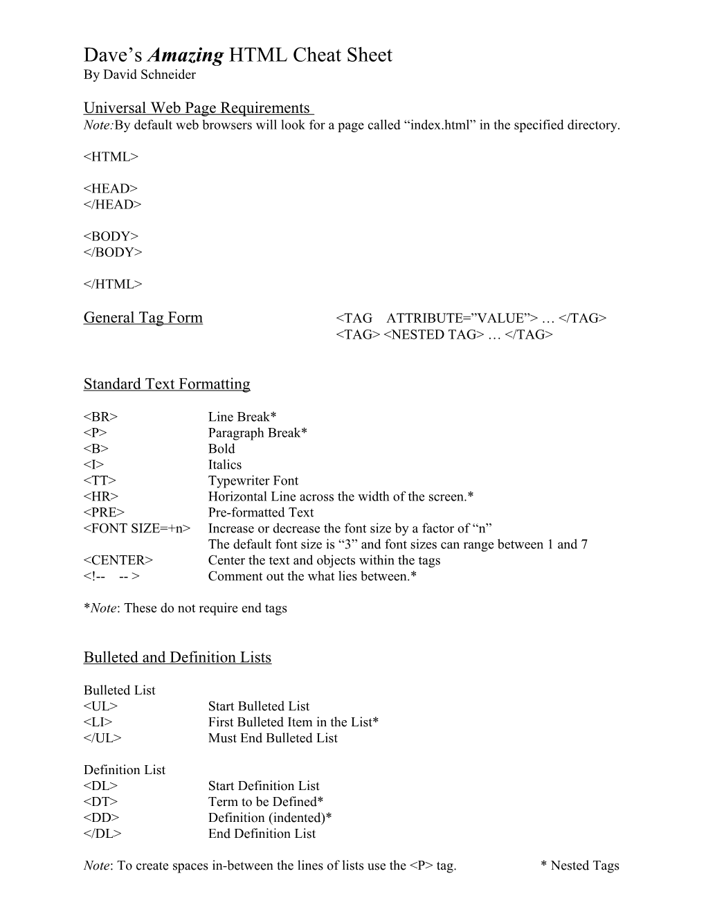 Dave S Amazing HTML Cheat Sheet