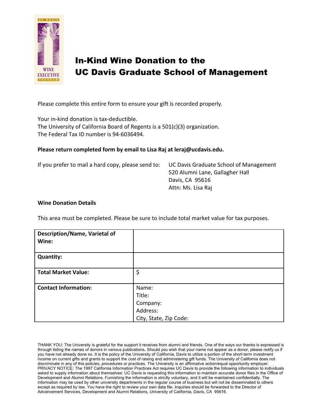 In-Kind Wine Donation to the UC Davis Graduate School of Management