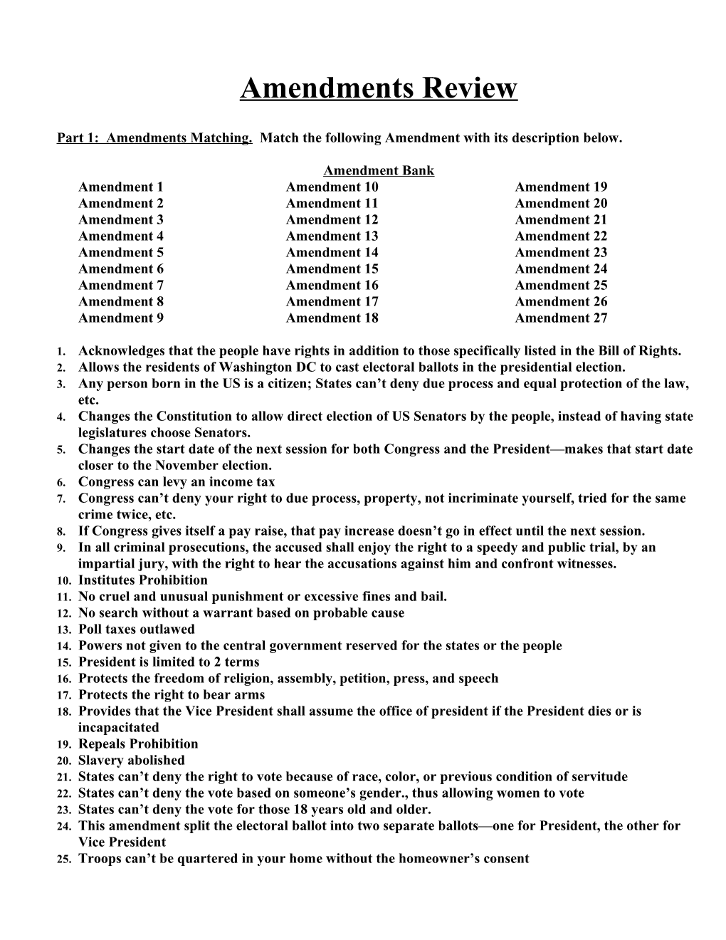 Part 1: Amendments Matching. Match the Following Amendment with Its Description Below