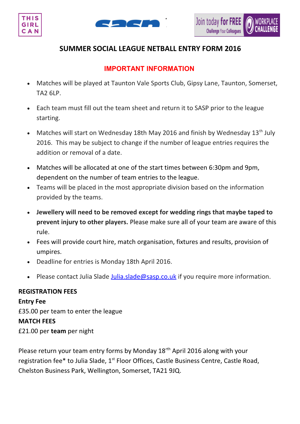 Summer Social League Netball Entry Form 2016