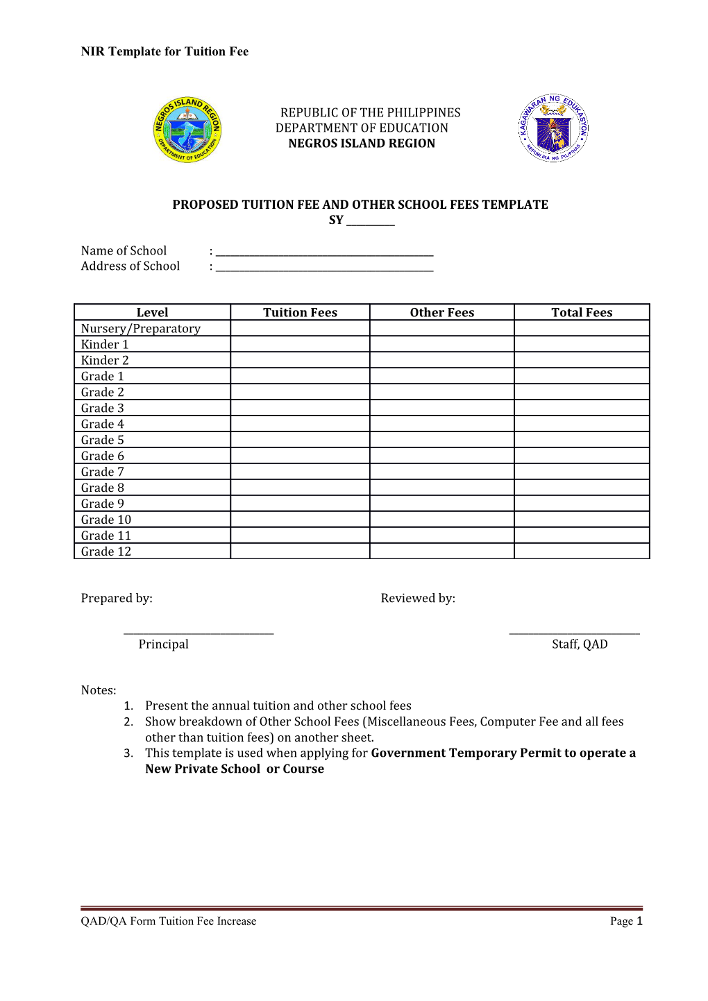 NIR Template for Tuition Fee