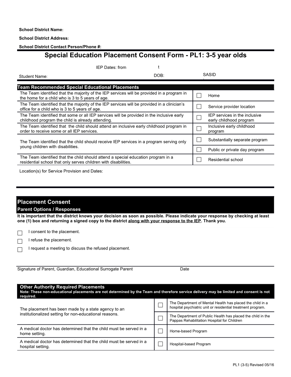Placement Consent Form - PL1: 3-5 Year Olds
