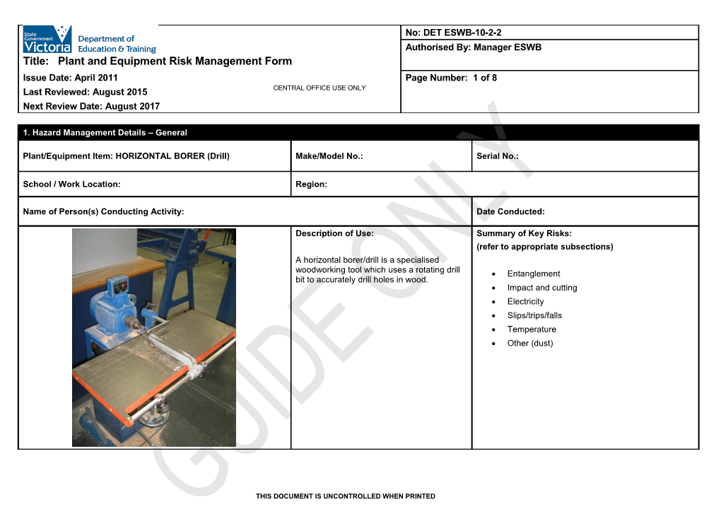 Plant and Equipment Risk Management Form - Horizontal Borer