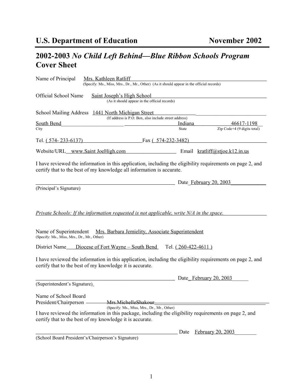 Saint Joseph's High School 2003 No Child Left Behind-Blue Ribbon School (Msword)