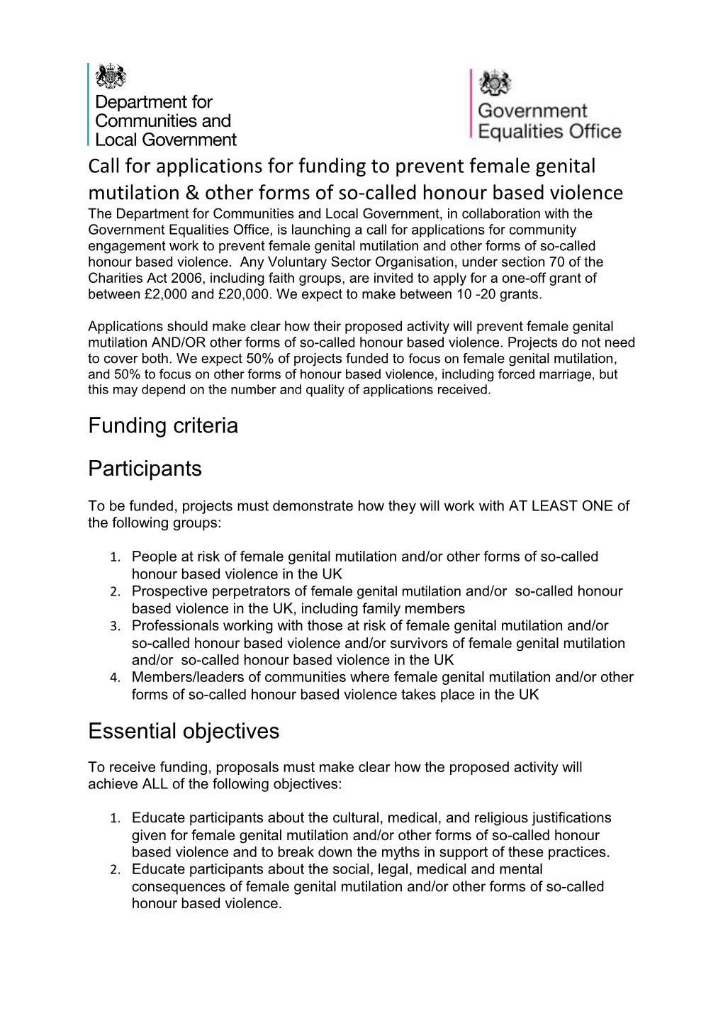 Call for Applications for Funding to Prevent Female Genital Mutilation Other Forms of So-Called