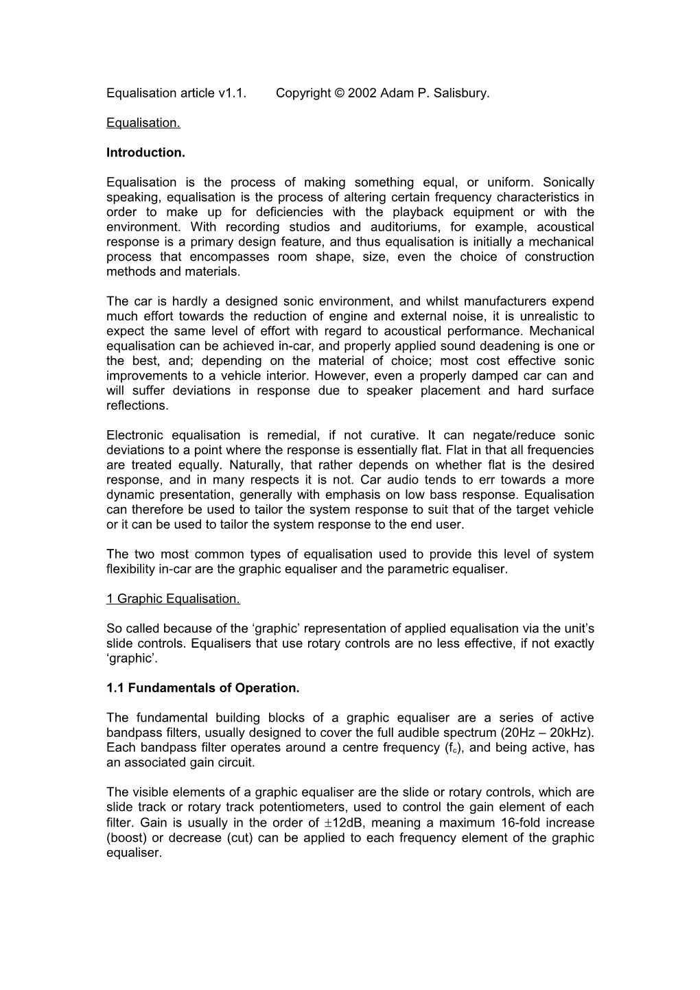 Equalisation Article V1.1. Copyright 2002 Adam P. Salisbury