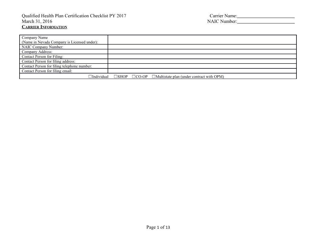 Qualified Health Plan Certification Checklist PY 2017 Carrier Name