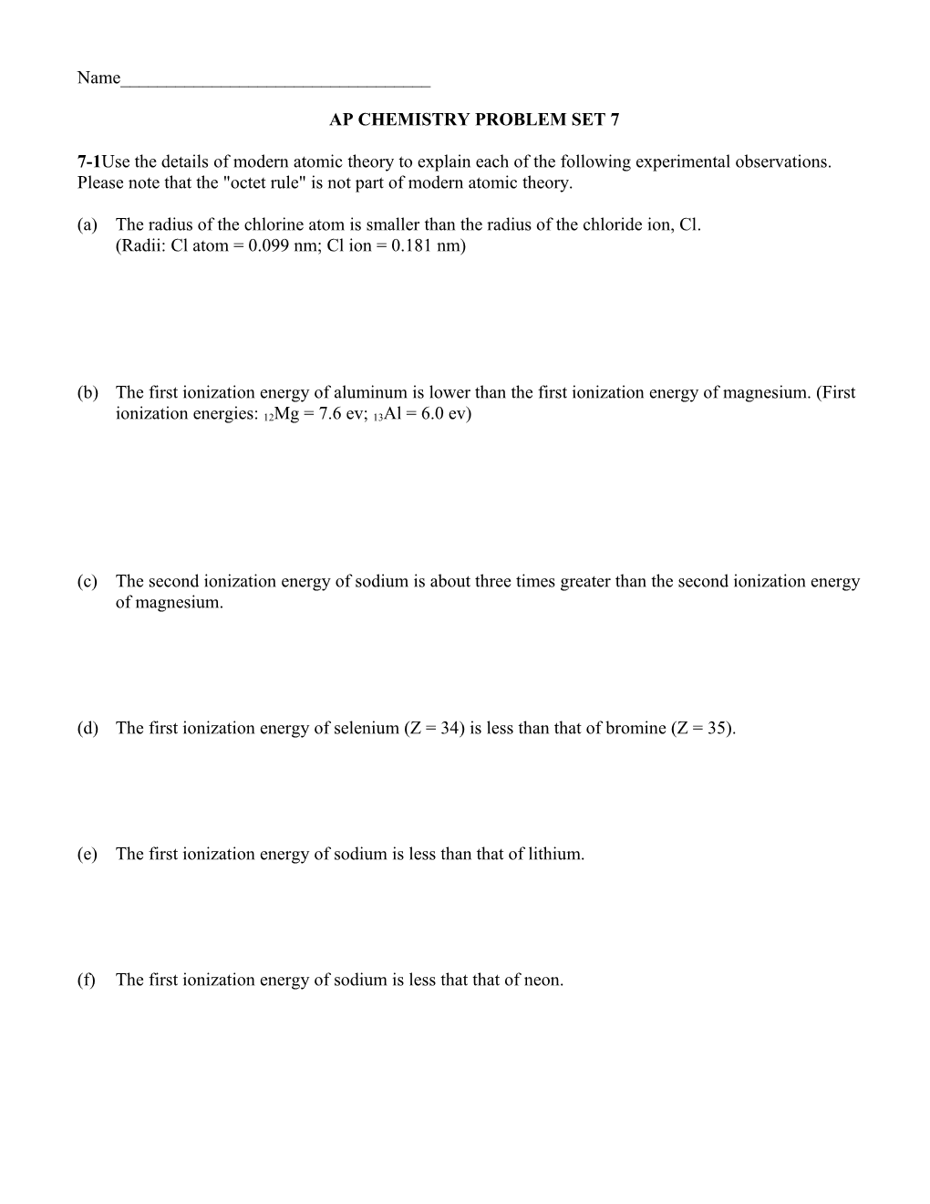 Ap Chemistry Problem Set 7