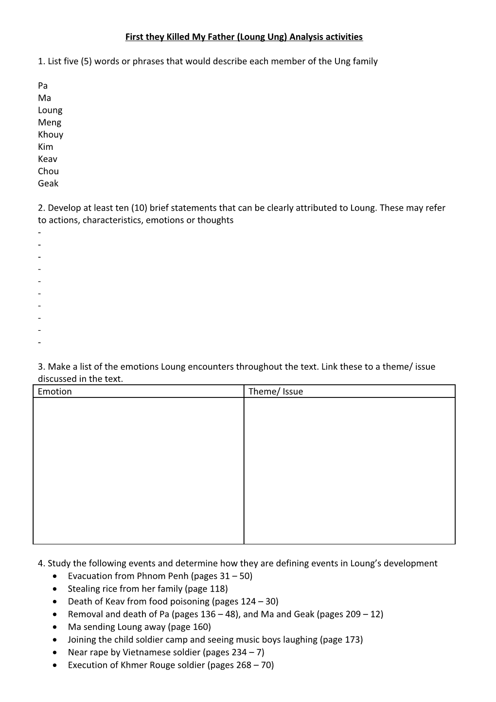 First They Killed My Father (Loung Ung) Analysis Activities