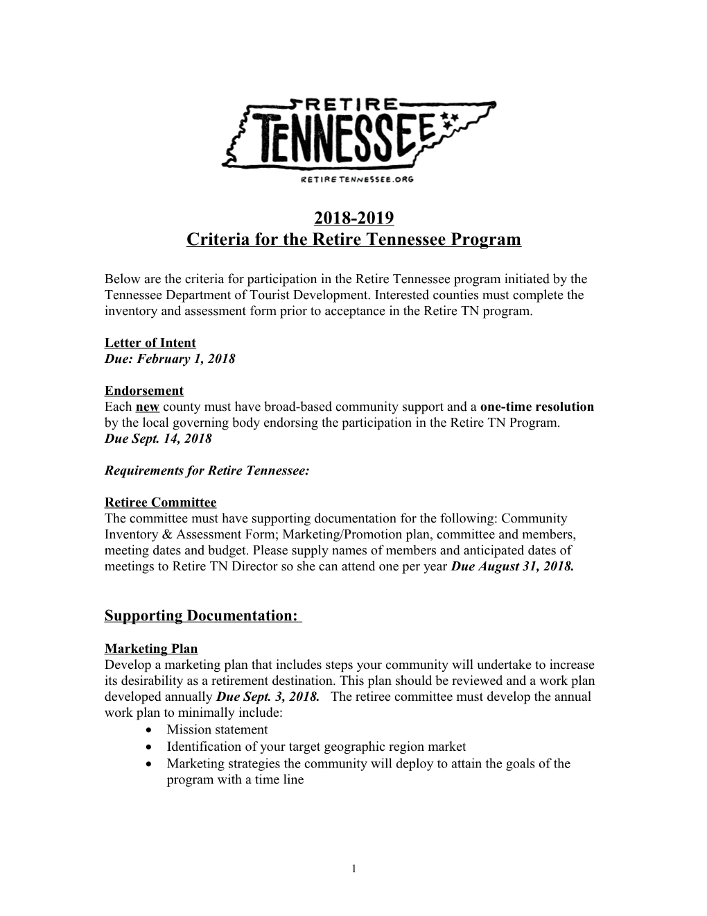 Criteria for the Retire Tennessee Program