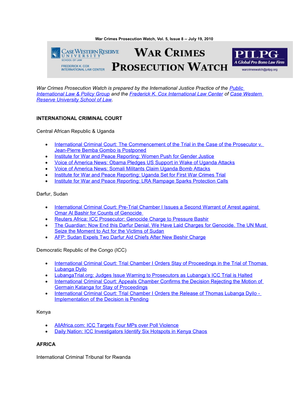 War Crimes Prosecution Watch, Vol. 5, Issue 8 July 19, 2010