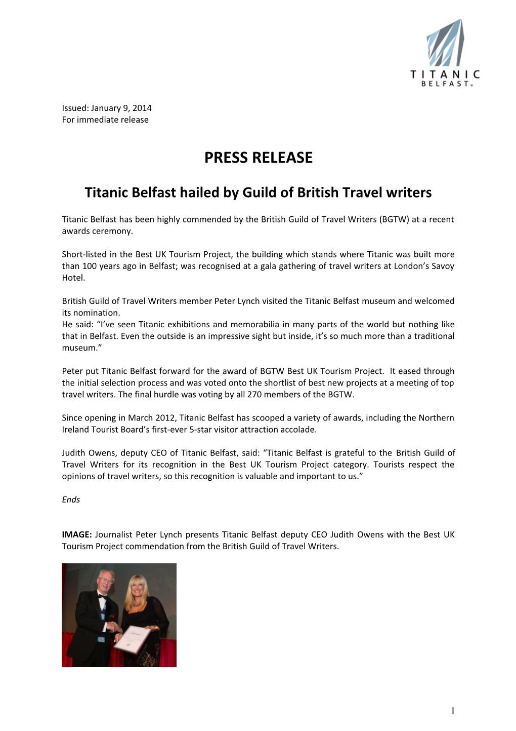 Titanic Belfast Hailed by Guild of British Travel Writers