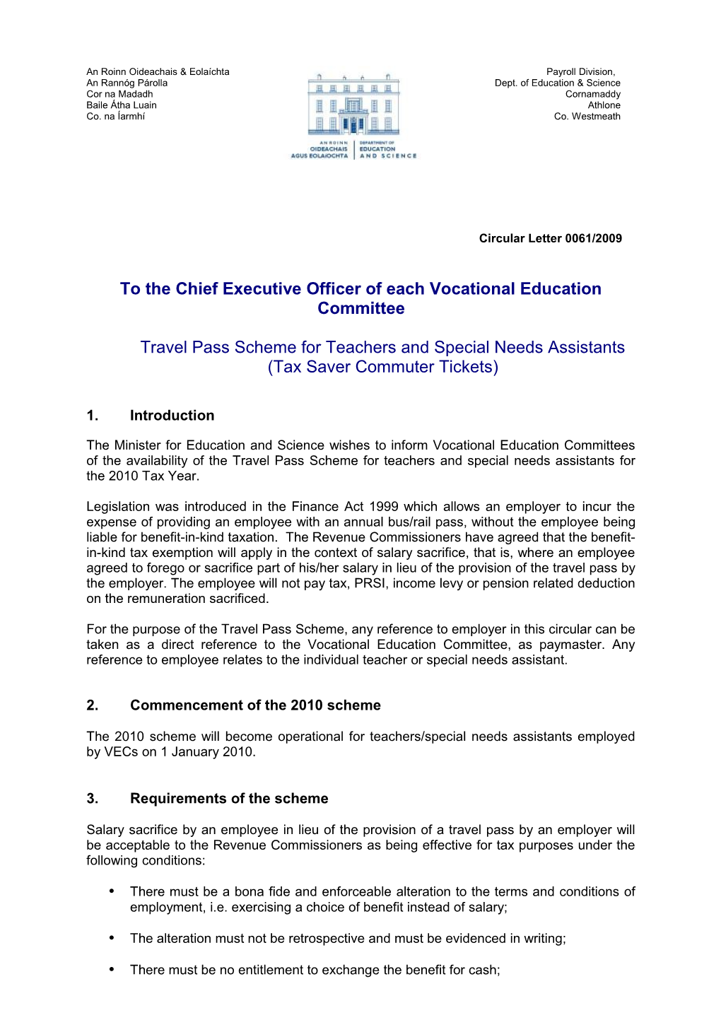 To the Chief Executive Officer of Each Vocational Education Committee