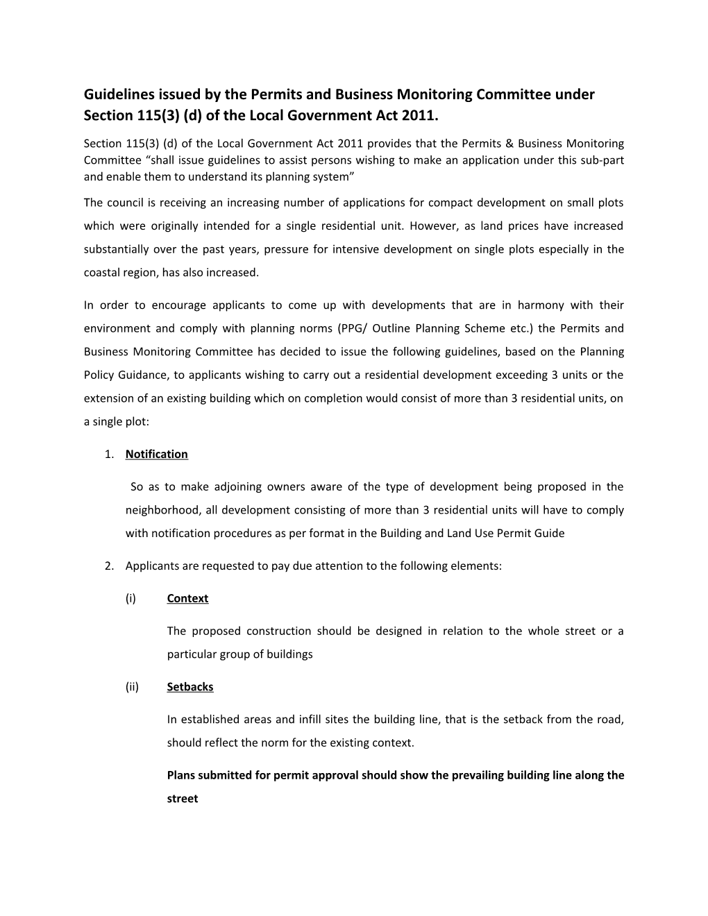 Guidelines Issued by the Permits and Business Monitoring Committee Under Section 115(3)