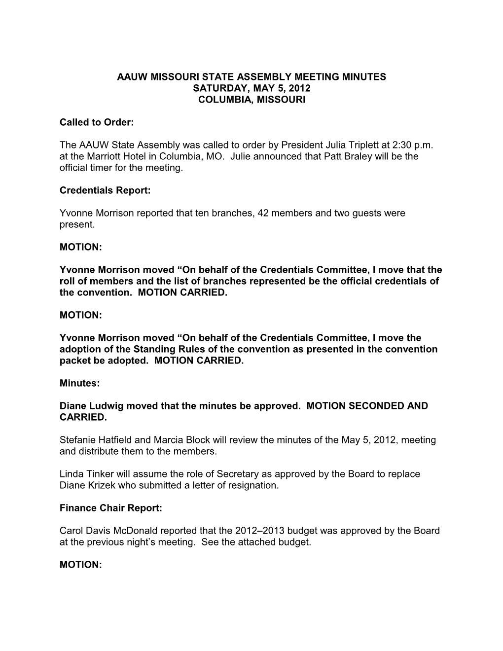 Aauw Missouri State Assembly Meeting Minutes