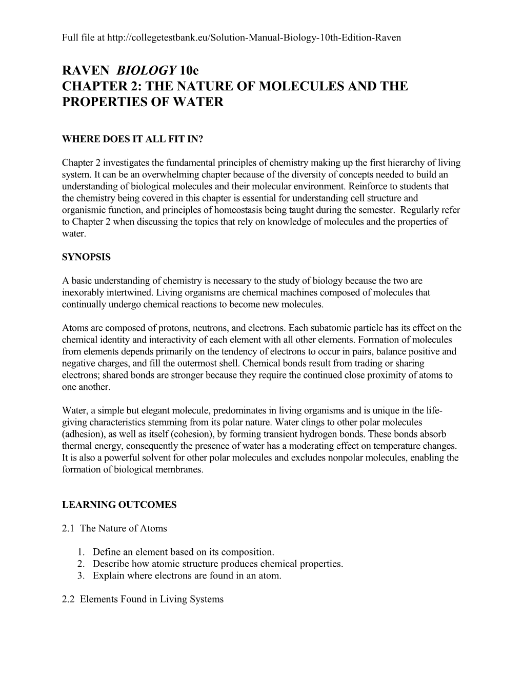 Chapter 2: the Nature of Molecules and the Properties of Water