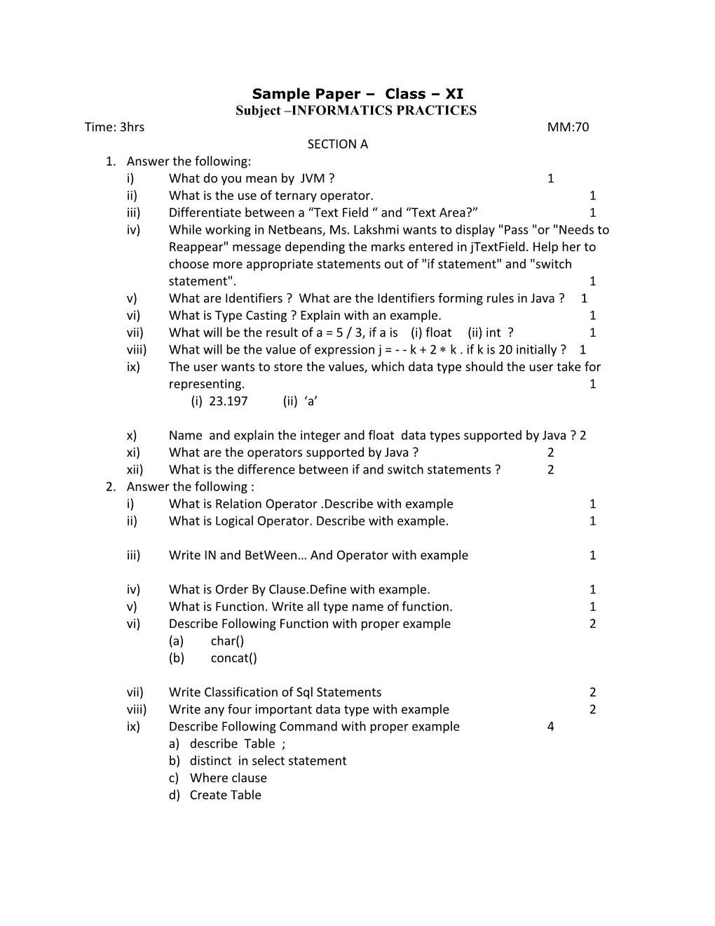 Sample Paper Class XI Subject INFORMATICS PRACTICES