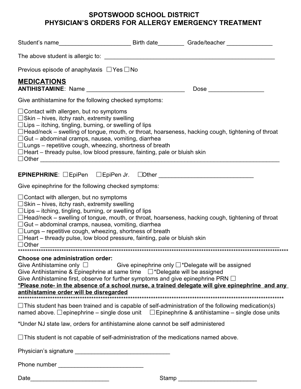 Physician S Orders for Allergy Emergency Treatment