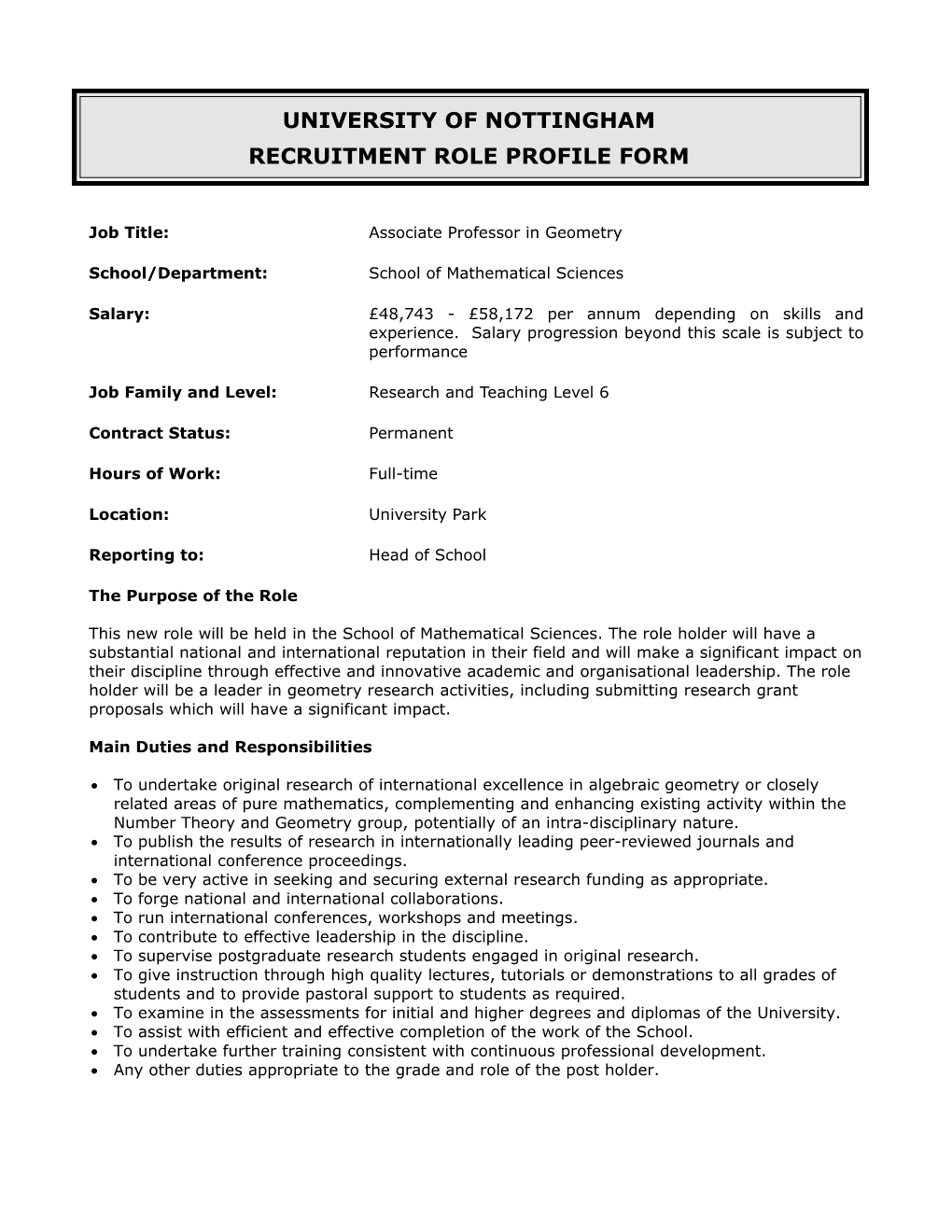 Recruitment Role Profile Form